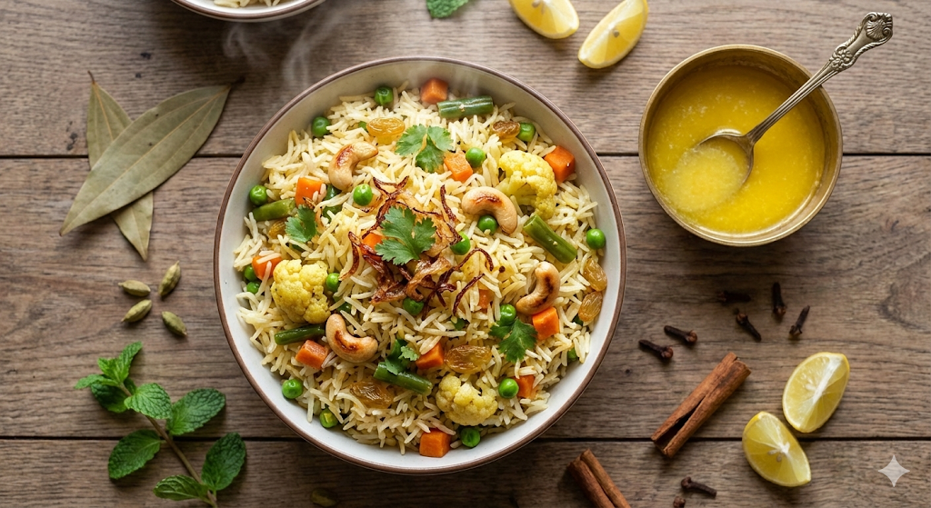 Ghee Pulao Recipe - Aromatic Vegetable Rice with Pure Ghee and Whole Spices
