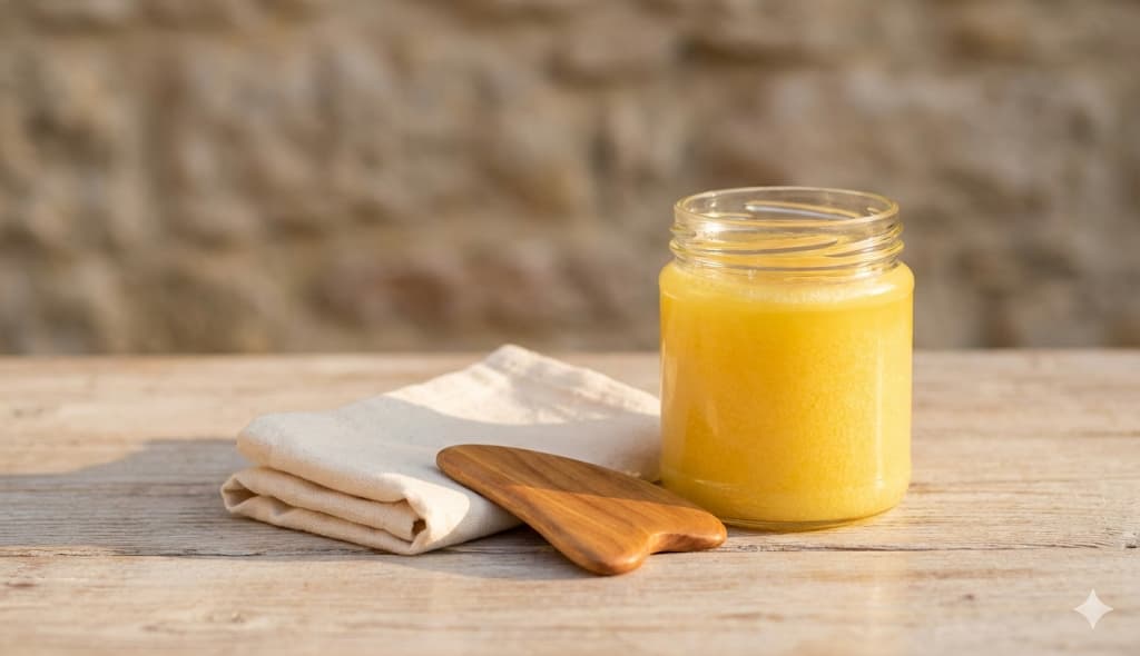 Warm Ghee in a brass bowl focusing on texture - Abhyanga Ritual
