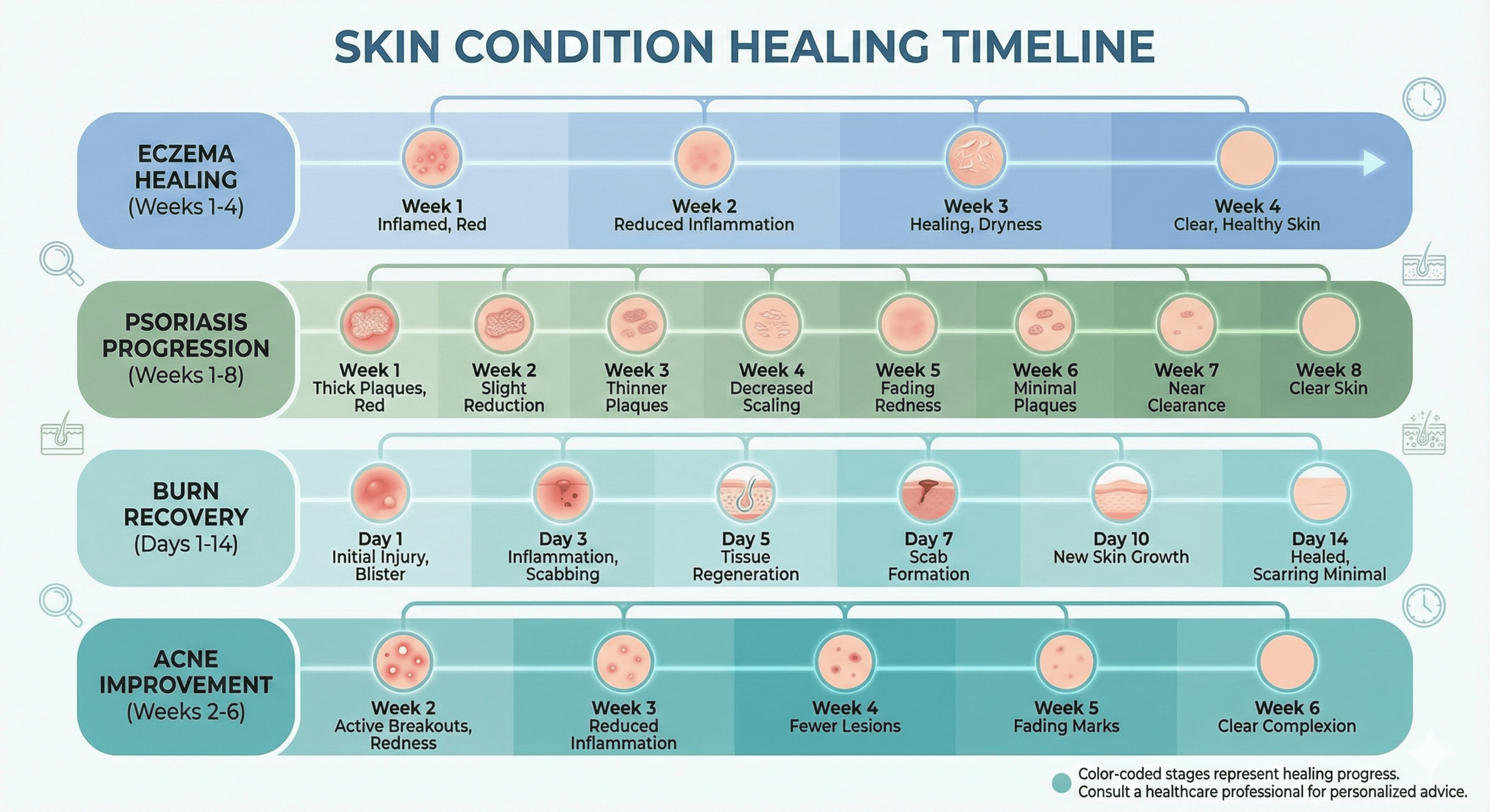 Timeline expectations for treating skin conditions with Shata Dhauta Ghrita showing healing progression