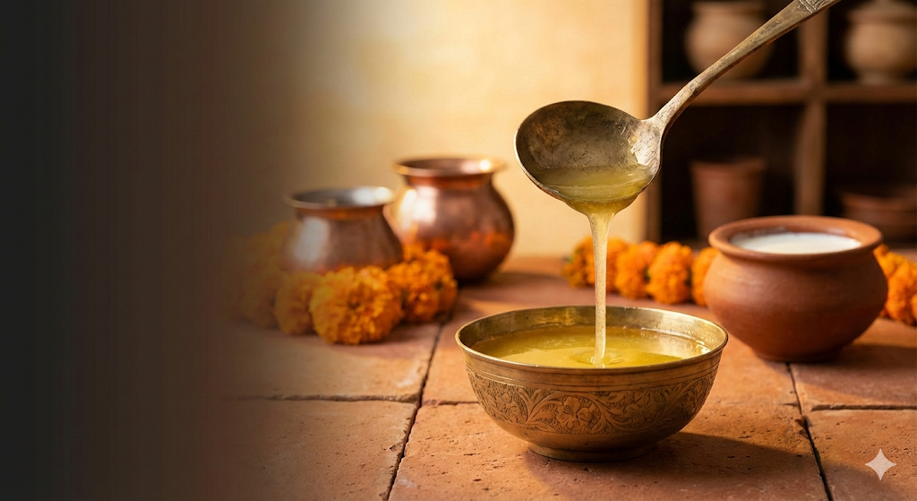 देसी घी के फायदे - शुद्ध गाय का घी पारंपरिक कटोरी में (Desi Ghee Benefits in Hindi)