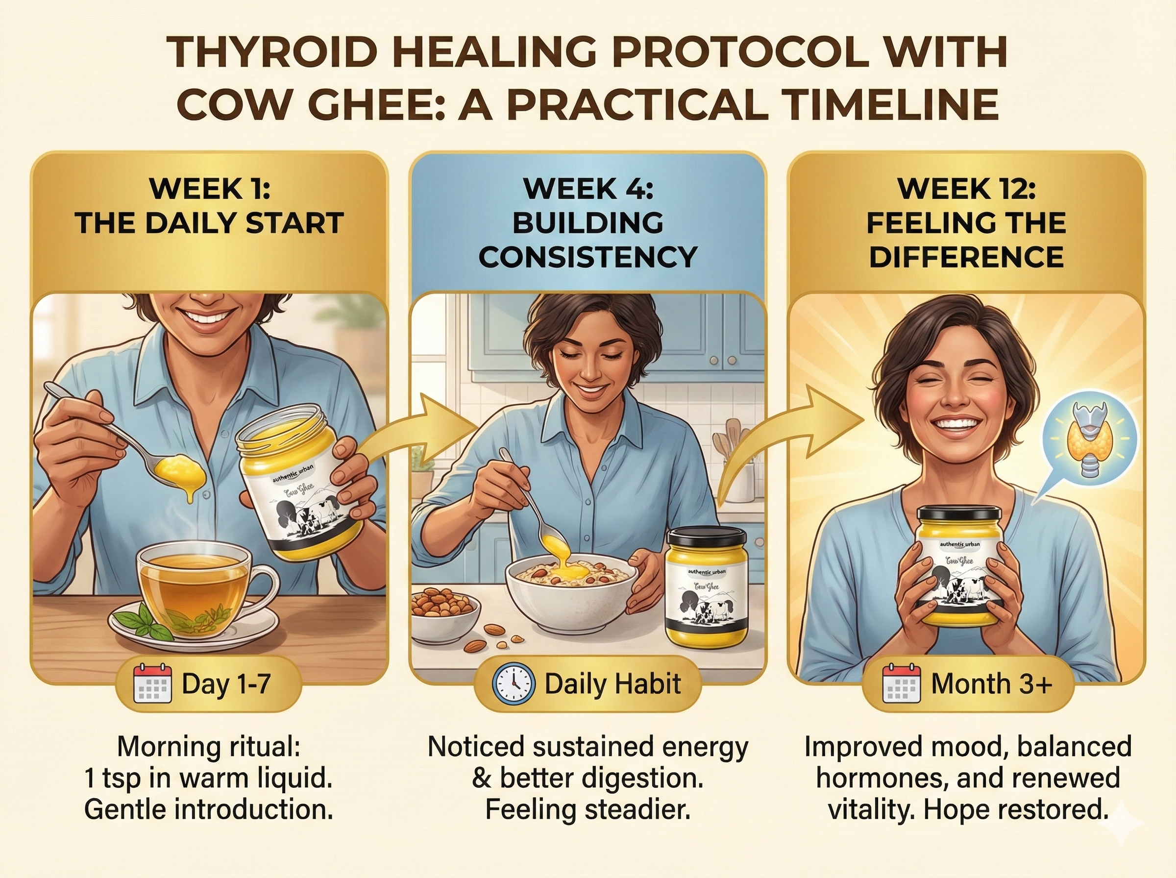 Thyroid healing protocol with ghee - morning routine, cooking tips, proper dosage, and healing timeline for optimal thyroid health