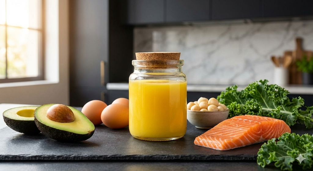 Ghee for Keto Diet - Pure A2 Cow Ghee in glass jar with keto foods like avocado, eggs, and nuts