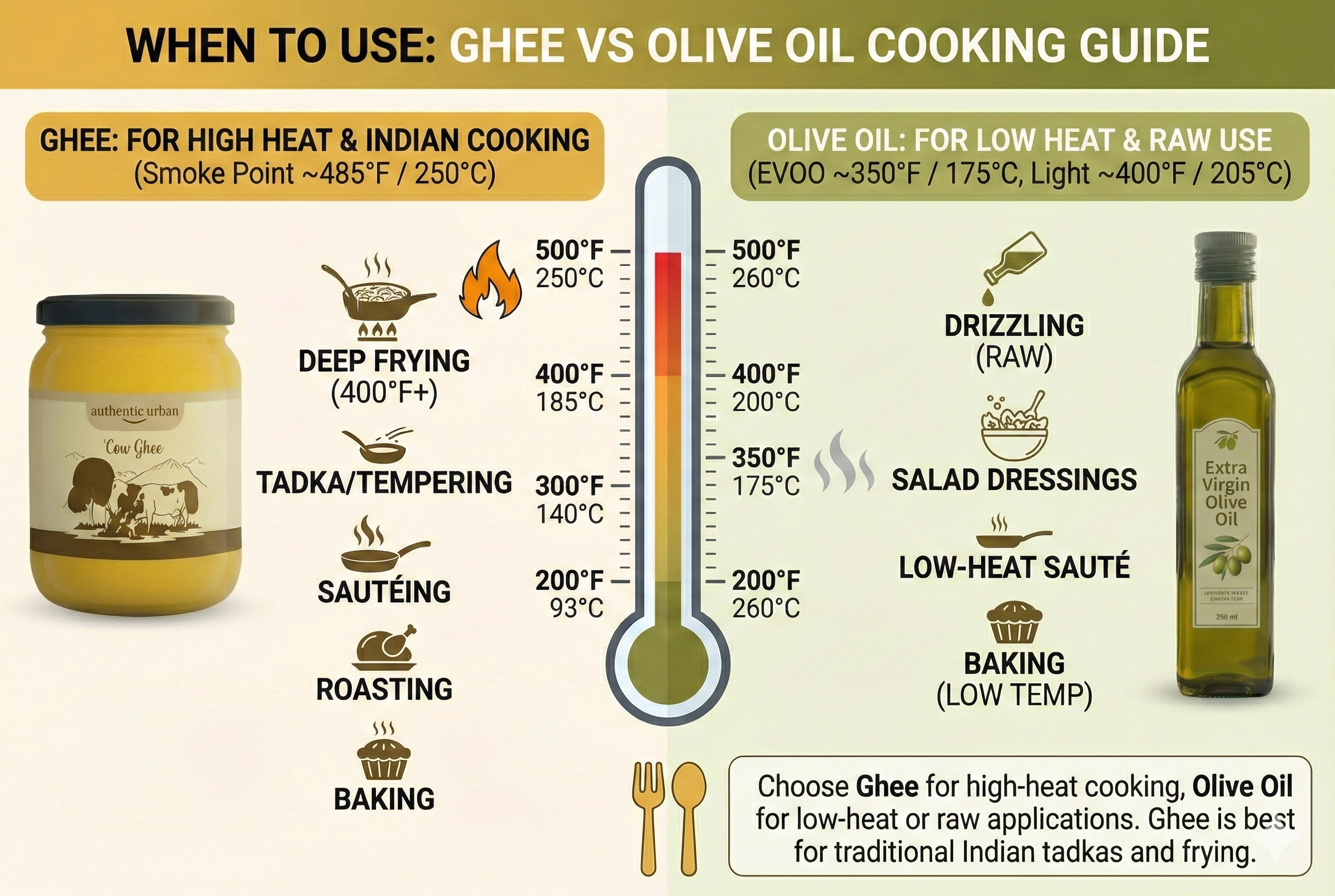 Ghee vs Olive Oil final verdict - when to use ghee for tadkas, deep frying, and Indian cooking, when to use olive oil for salads and cold dishes