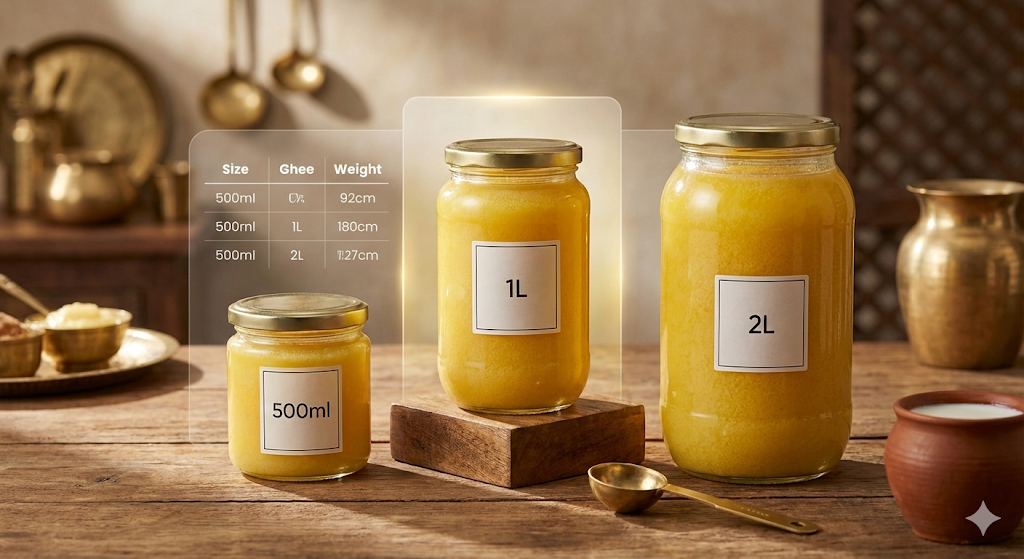 Ghee Jar Sizes Guide 2025 - 500ml vs 1L vs 2L A2 Ghee Jars Comparison for Family Buying Guide India