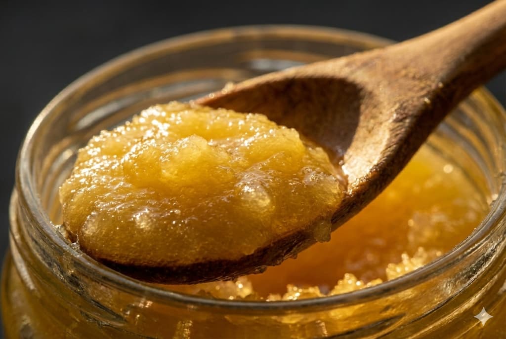 Macro shot of Danedar Ghee Granules on a Wooden Spoon