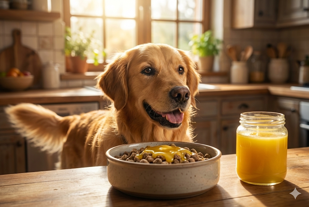 Golden Retriever Dog Eating Healthy Food with Ghee Drizzle