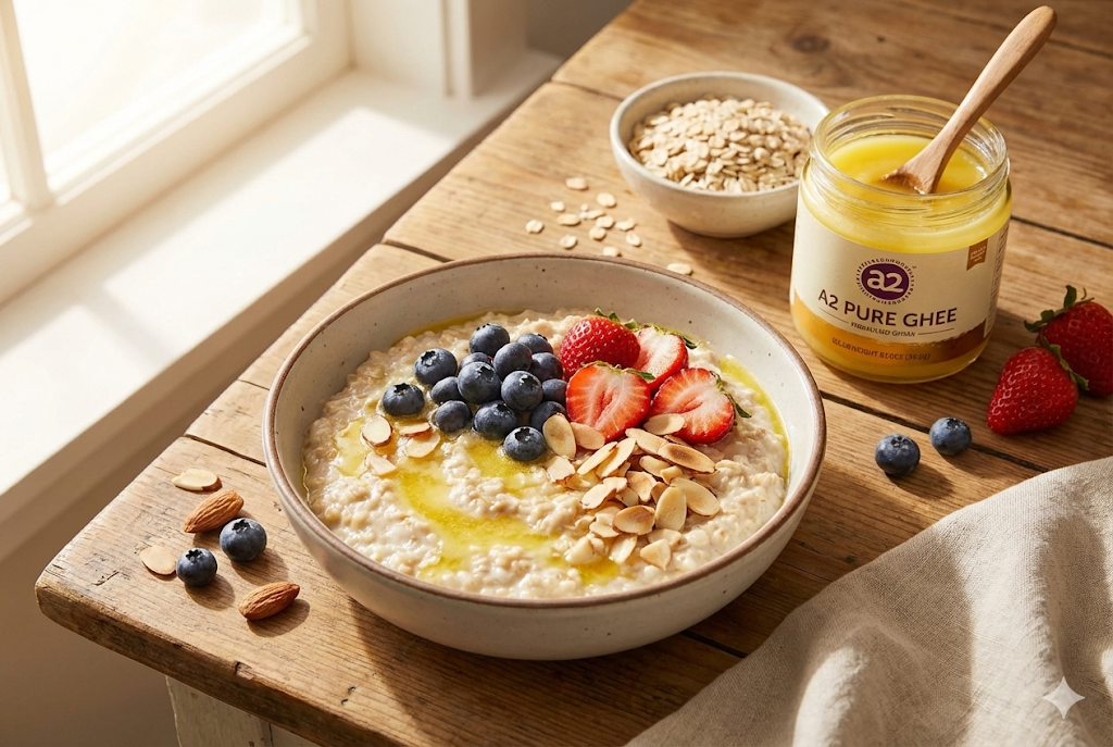 Ghee Oatmeal Recipe - Healthy breakfast with overnight oats and cooked oatmeal with A2 ghee for sustained energy