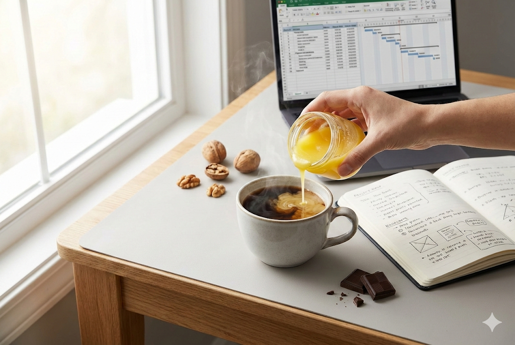 Ghee for Focus and Concentration - A2 Cow Ghee in coffee with laptop and study materials