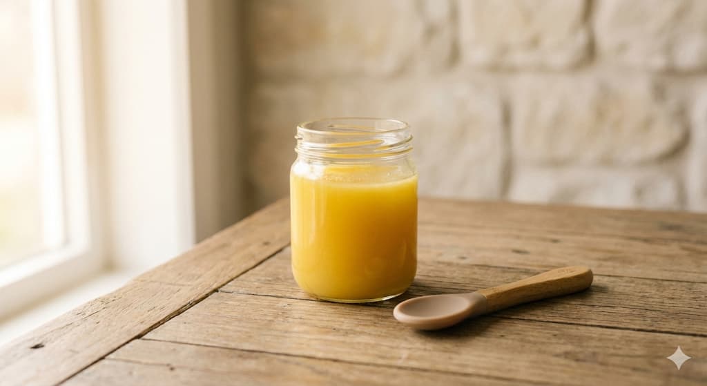 Ghee for babies - safe introduction guide showing a happy baby with traditional Indian ghee