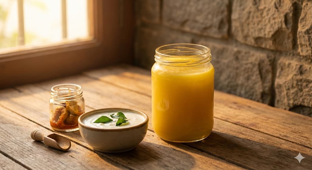 Ghee for Microbiome Diversity - A2 Cow Ghee with probiotic foods and gut bacteria illustration