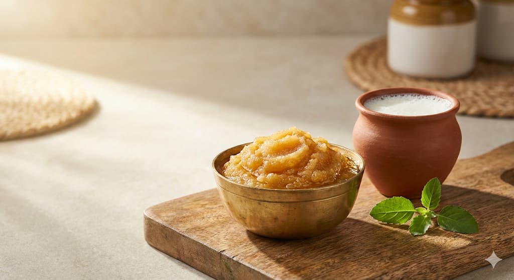 A2 ghee health benefits – pure golden A2 ghee in a traditional brass bowl with milk, heart health and digestion