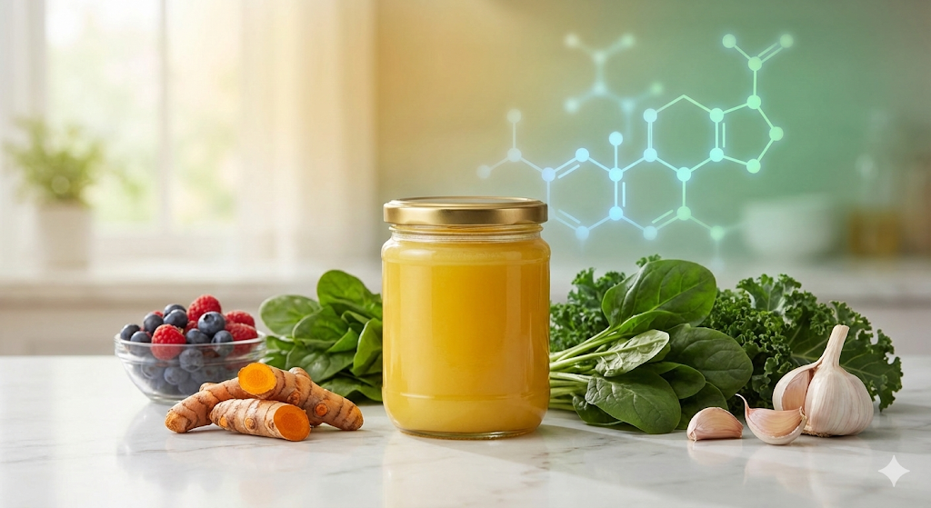 Ghee for Cancer Prevention - Golden A2 ghee jar with anti-cancer foods turmeric and vegetables representing butyric acid benefits