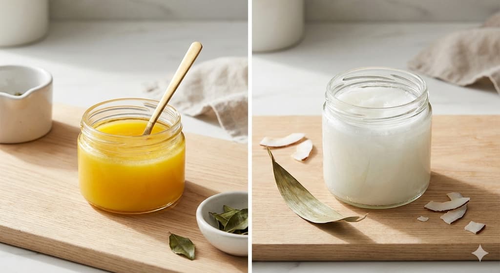 Ghee vs Coconut Oil comparison - smoke point, vitamins, MCTs, digestibility, and nutritional benefits side by side