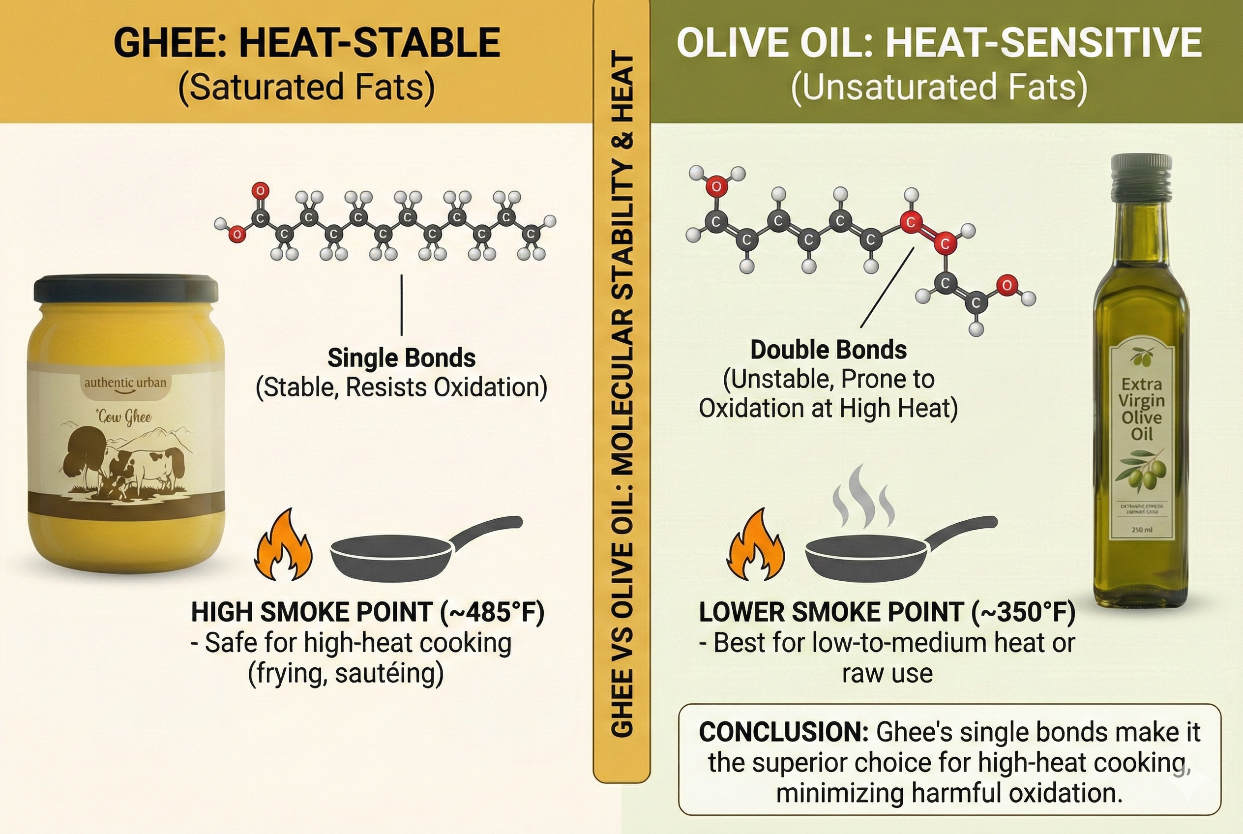 Ghee vs Olive Oil molecular structure comparison - double bonds vs single bonds, heat stability, smoke point chemistry, and oxidative stress