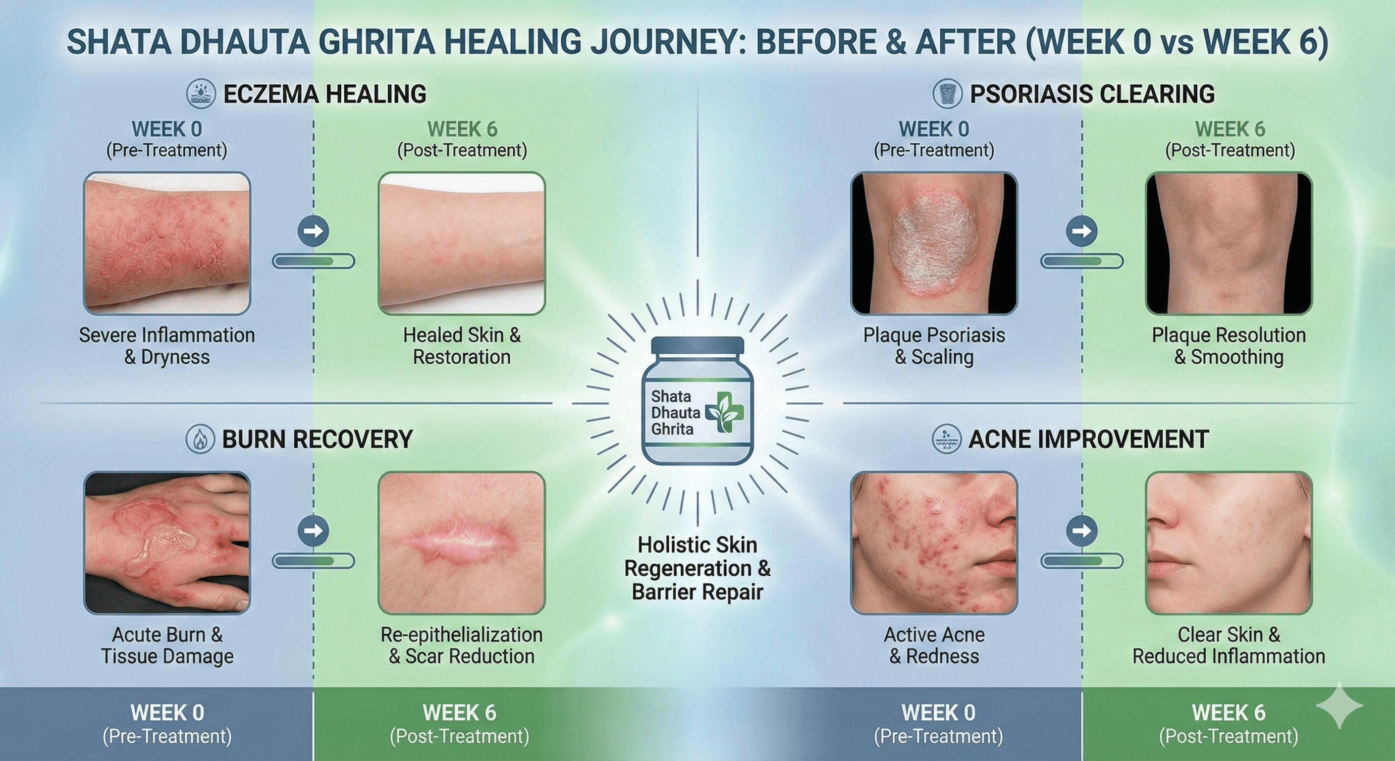Shata Dhauta Ghrita natural treatment for eczema psoriasis burns and acne showing before and after healing