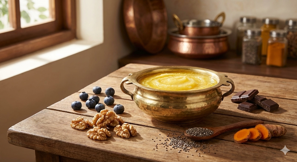 Ghee for Brain Health - A2 Cow Ghee with brain-healthy foods like walnuts, blueberries, and dark chocolate
