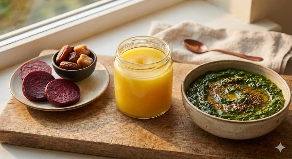 Ghee for anemia and iron absorption – golden A2 ghee with iron-rich foods for better blood health and hemoglobin