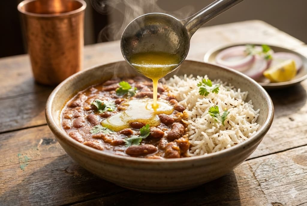 Authentic Punjabi Rajma Masala with Steaming Jeera Rice and Ghee Tadka
