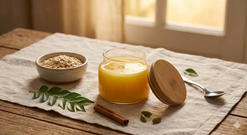 Ghee for blood pressure – golden A2 ghee in a jar with heart-healthy foods, for safe moderation and cardiovascular support