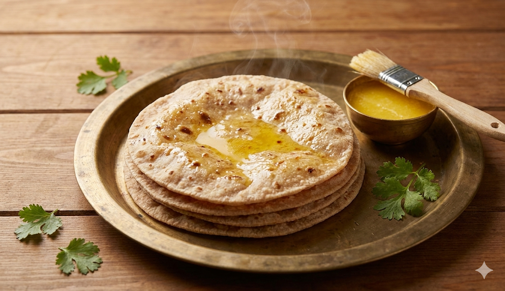 Ghee Chapati Recipe - Soft, fluffy whole wheat Indian flatbread brushed with pure A2 ghee