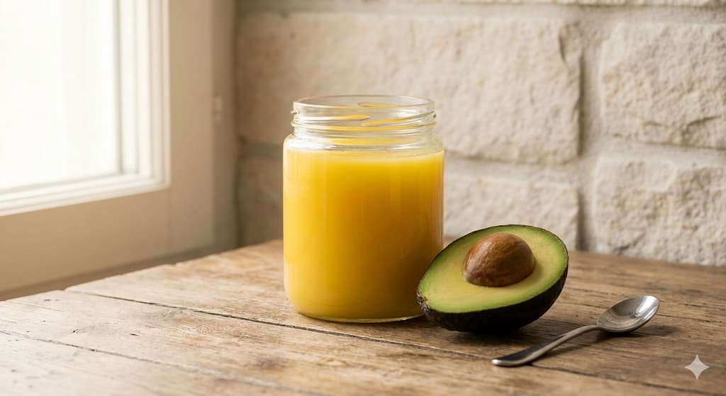 Ghee for Keto Diet - Pure A2 Cow Ghee in glass jar with keto foods like avocado, eggs, and nuts