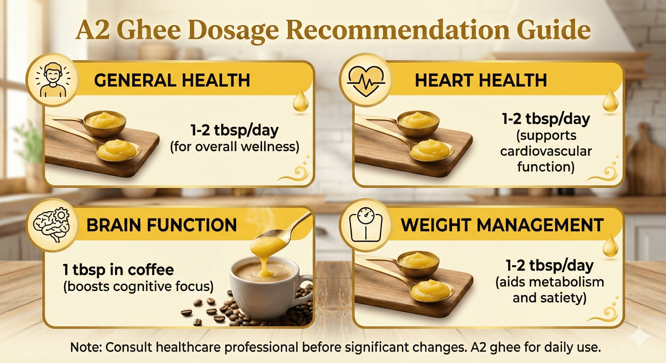 Daily A2 ghee dosage recommendations for different health goals with portion guide