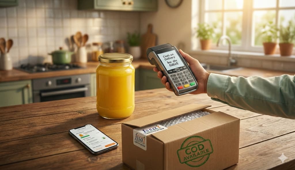 COD Ghee Delivery India - Cash on Delivery payment with A2 ghee jar, doorstep inspection, FSSAI verification