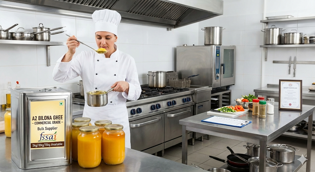 Best A2 Ghee for Restaurants and Chefs - Bulk buying guide showing commercial kitchen with premium ghee tins
