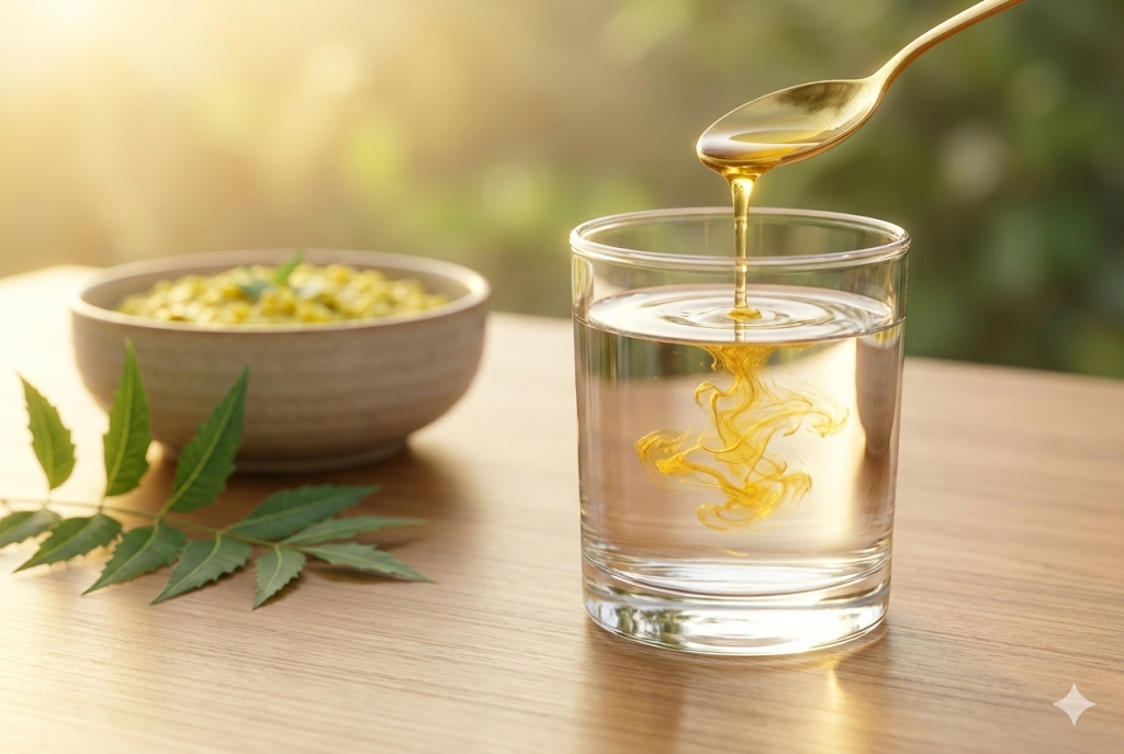 Glass of warm water with golden ghee swirling in it - The Snehana Protocol