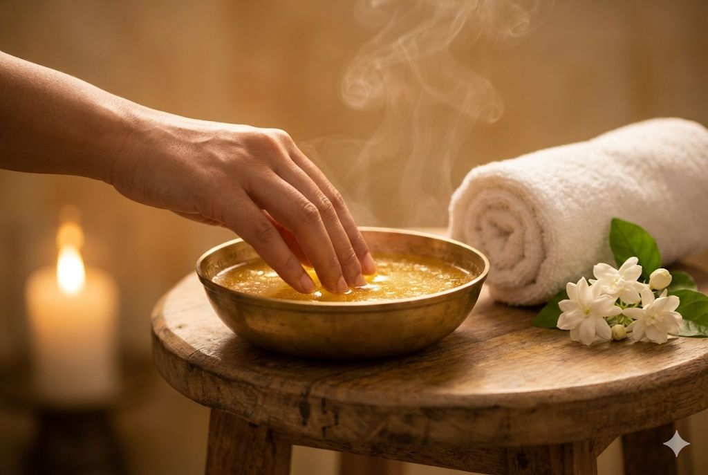 Warm Ghee in a brass bowl focusing on texture - Abhyanga Ritual
