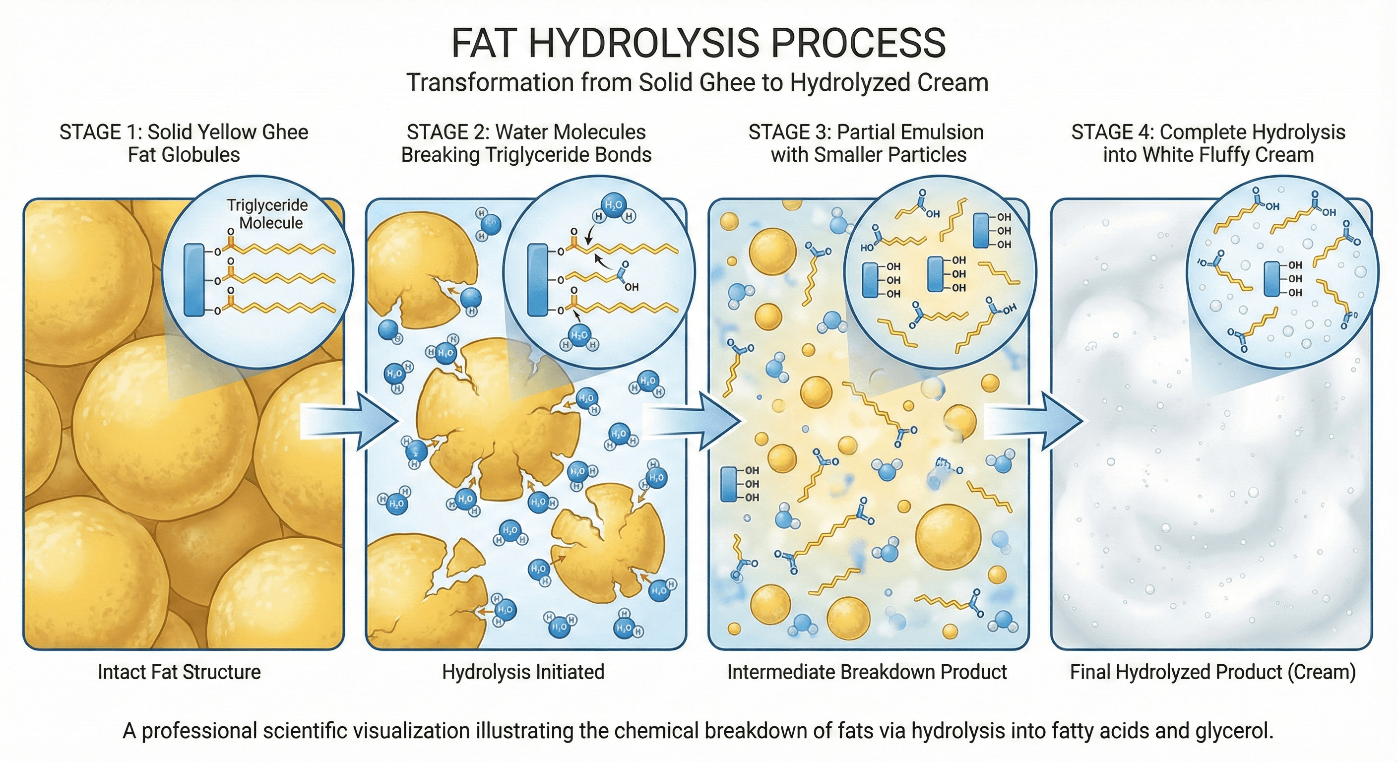 Scientific diagram showing four stages of fat hydrolysis during ghee washing process from solid fat to emulsion