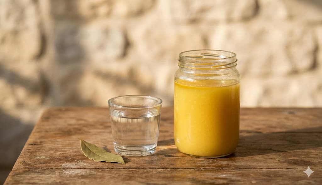 Glass of warm water with golden ghee swirling in it - The Snehana Protocol